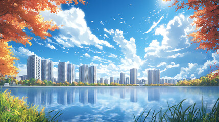 Fototapeta premium In autumn, the sky is blue and clear with white clouds floating in it In front of you can see an oversized lake on one side of which stands high-rise buildings