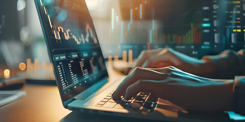 Hands on a laptop keyboard, with financial data graphics overlay, symbolizing analysis and trading.