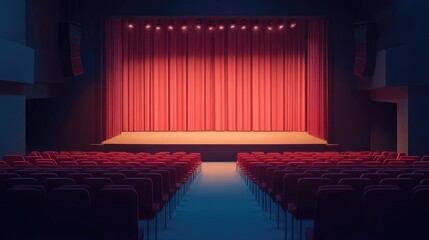 Interior Theater Hall With Red Seats And Stage Spotlight Draped Curtains For Performances Seating Arrangement In Illuminated Area