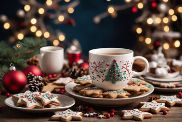 Fototapeta premium A cozy Christmas tea setup featuring a warm cup of tea surrounded by holiday gingerbread cookies in festive shapes, such as stars and trees.