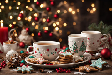 Fototapeta premium A cozy Christmas tea setup featuring a warm cup of tea surrounded by holiday gingerbread cookies in festive shapes, such as stars and trees.