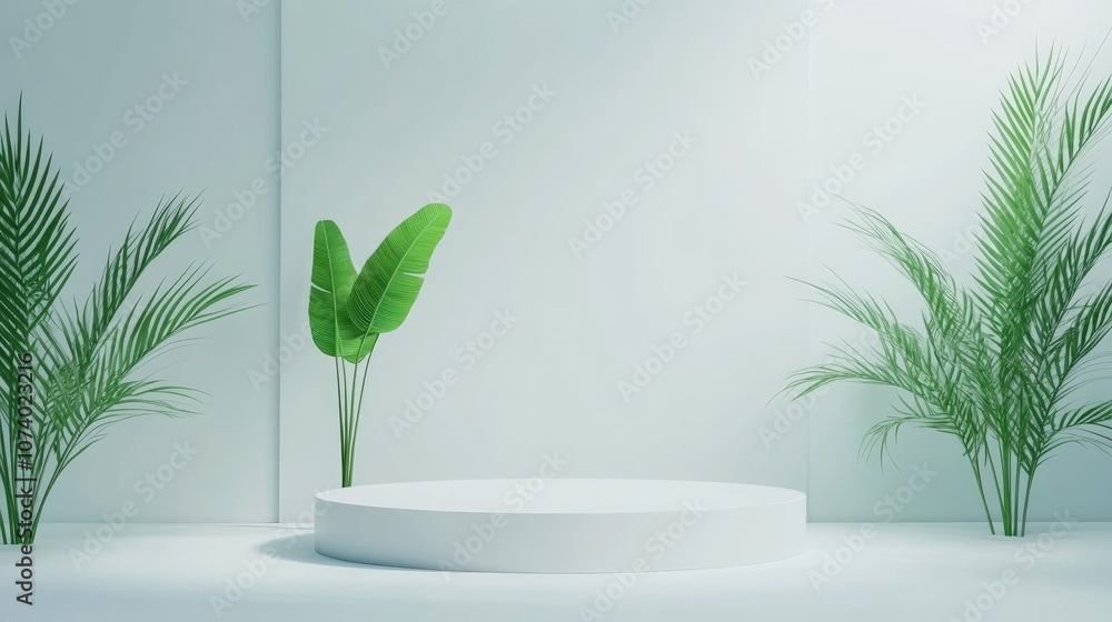 Poster empty white stage with podium and plant leaf on studio background in 3d style for product display pr