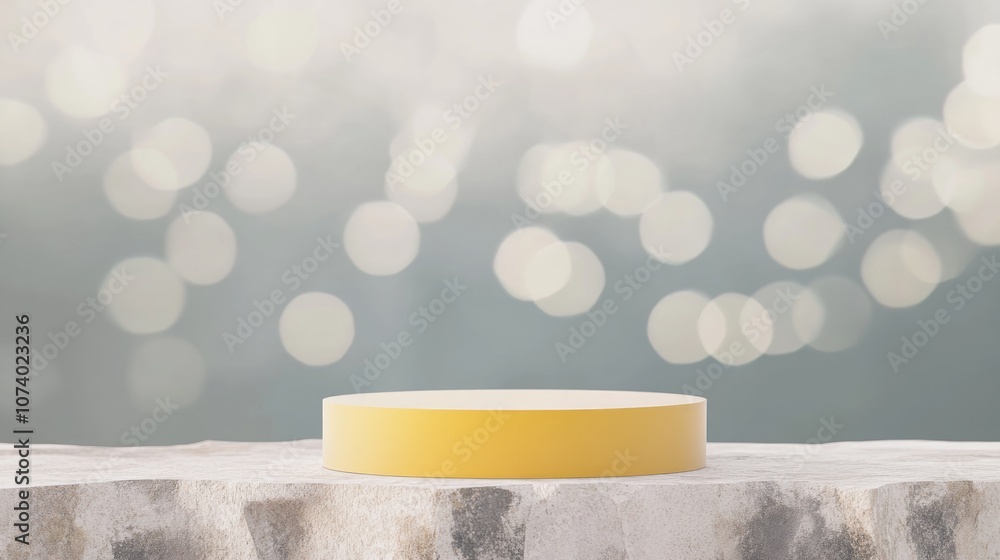 Poster empty round yellow podium display in front of stone pedestal with abstract blurred bokeh background 