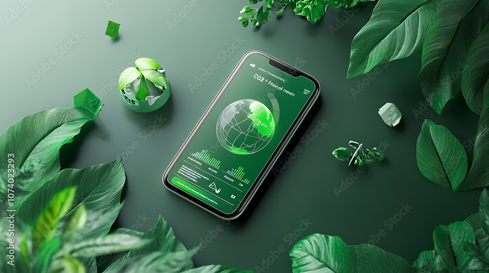 Poster close-up of mobile phone displaying co2 footprint tracking app in cityscape