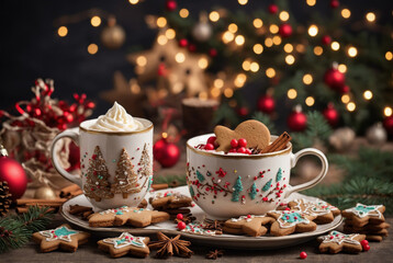 Fototapeta premium A cozy Christmas tea setup featuring a warm cup of tea surrounded by holiday gingerbread cookies in festive shapes, such as stars and trees.