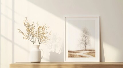 Beautiful Oil Painting Of A Village Landscape With Trees And Roads In A White Frame On A Wooden Table With A Blurred Interior Background