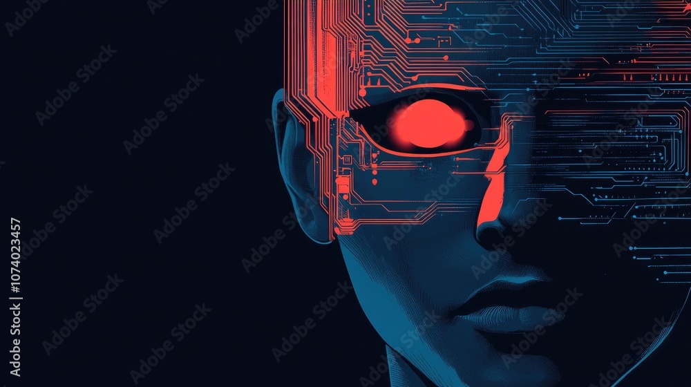 Poster man s face obscured by a mask featuring a hole revealing hidden tech circuits technology surveillanc