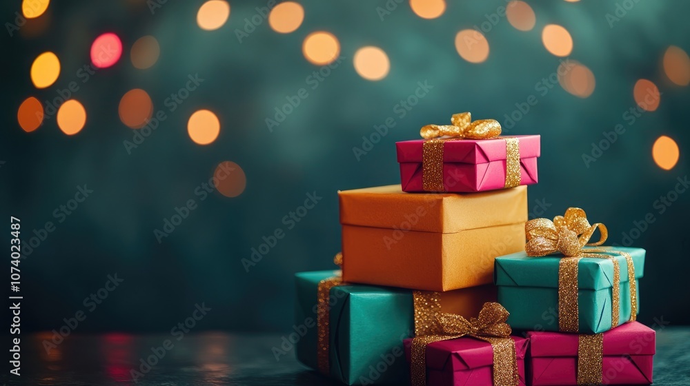 Poster Close Up Of A Stack Of Colorful Gift Boxes For Birthday Celebrations With A Wide Dark Bokeh Background And Ample Copy Space