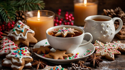 Fototapeta premium A cozy Christmas tea setup featuring a warm cup of tea surrounded by holiday gingerbread cookies in festive shapes, such as stars and trees.