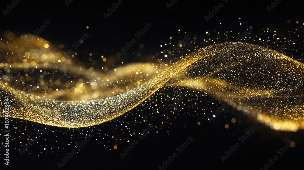 Poster gold glitter wave abstract design element featuring shimmering sparkles on a dark backdrop ideal for
