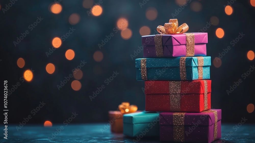 Poster Close Up Of A Stack Of Colorful Gift Boxes For Birthday Celebrations With A Wide Dark Bokeh Background And Ample Copy Space