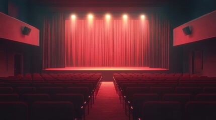 Fototapeta premium Interior Theater Hall With Red Seats And Stage Spotlight Draped Curtains For Performances Seating Arrangement In Illuminated Area