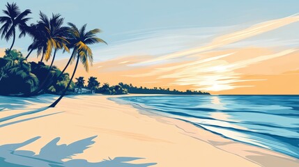 Fototapeta premium Tropical Beach With Clear Waters And White Sand Palm Trees Sway In Gentle Breeze As Sun Sets Casting Warm Golden Light