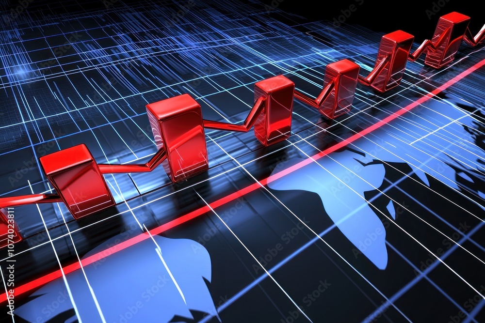 Poster red 3d bars chart on a grid with a red line and a blue world map outline
