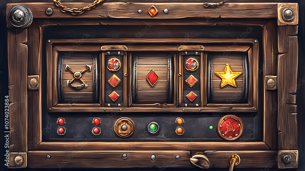Poster A pirate game interface with a timber frame and buttons for gaming apps or casino slot games, featuring wooden UI adventure elements in an old-pirate-collection style