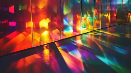 Rainbow Colored Light Illuminating Glass Forming A Stunning Abstract Geometric Pattern On Another Glass And A Dark Surface