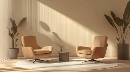 Fototapeta premium Two Stylish Armchairs In Neutral Tones Leather And Textile Textures On A Round Carpet In A Modern Living Room Setup