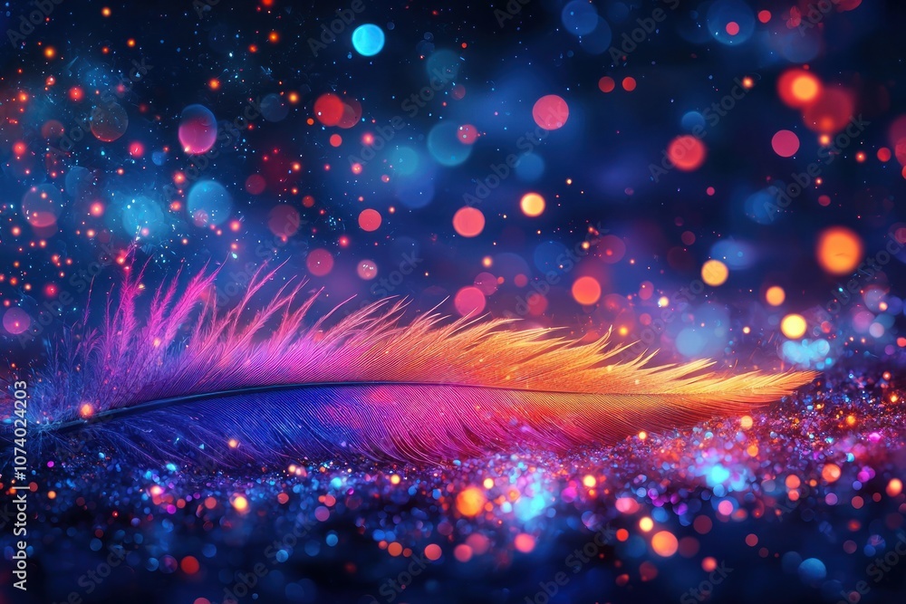 Aufkleber vibrant feather with colorful bokeh lights and glittering texture