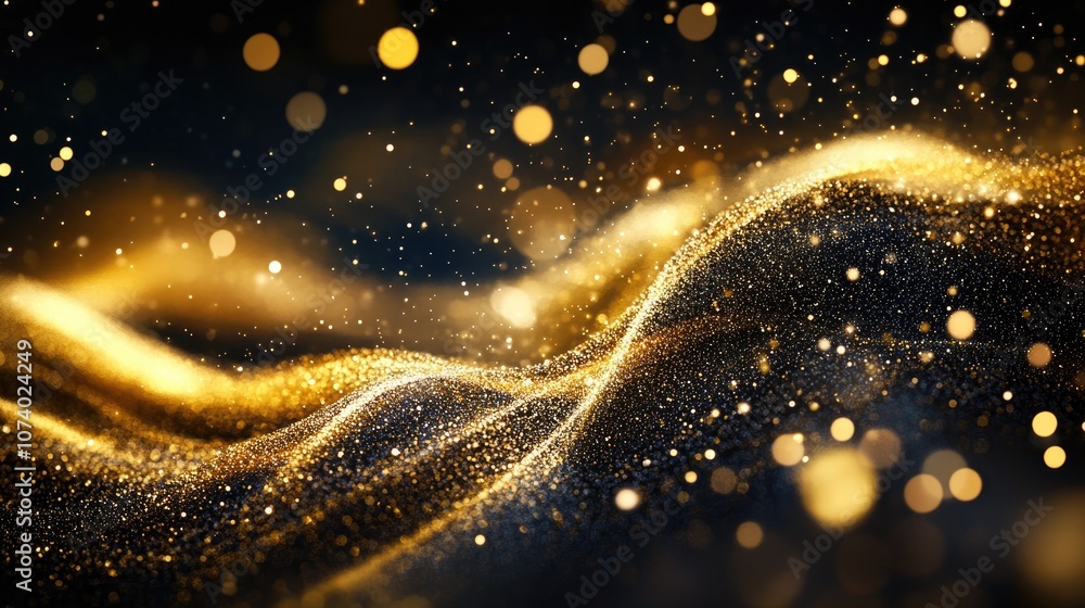 Poster gold glitter wave abstract design element featuring shimmering sparkles on a dark backdrop ideal for
