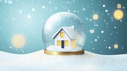 Naklejka premium Delicate White Glass Snow Globe Featuring A Tiny House On A Glittering Snow Background With Magical Golden Holiday Lights