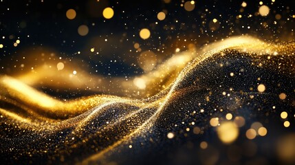 Fototapeta premium Gold glitter wave abstract design element featuring shimmering sparkles on a dark backdrop ideal for creative templates