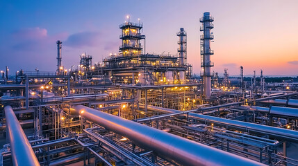 Oil production plant with large pipes at sunset