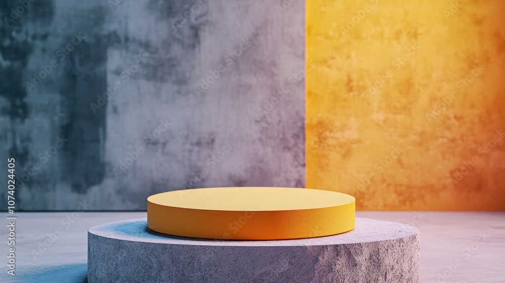 Poster empty round yellow podium display in front of stone pedestal with abstract blurred bokeh background 
