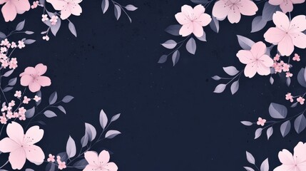 Obraz premium Charming Rustic Background Featuring Flowers On A Navy Blue Surface With Lilac Branches And Apple Tree Blooms In Soft Pink