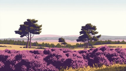 Moorland Landscape Featuring Heather And Trees Vibrant Green Heather Shrub 3D Rendering Digital Artwork Illustration