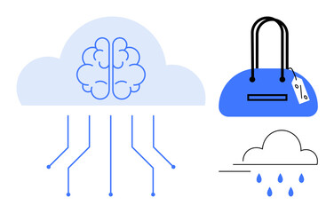 Brain in cloud with circuit lines. Blue handbag with price tag. Cloud raining. Ideal for technology, AI, fashion, e-commerce, weather forecasting retail digital transformation. Line metaphor