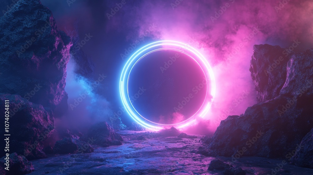 Poster 3d render of an abstract cosmic landscape featuring a round portal with pink and blue neon lights an