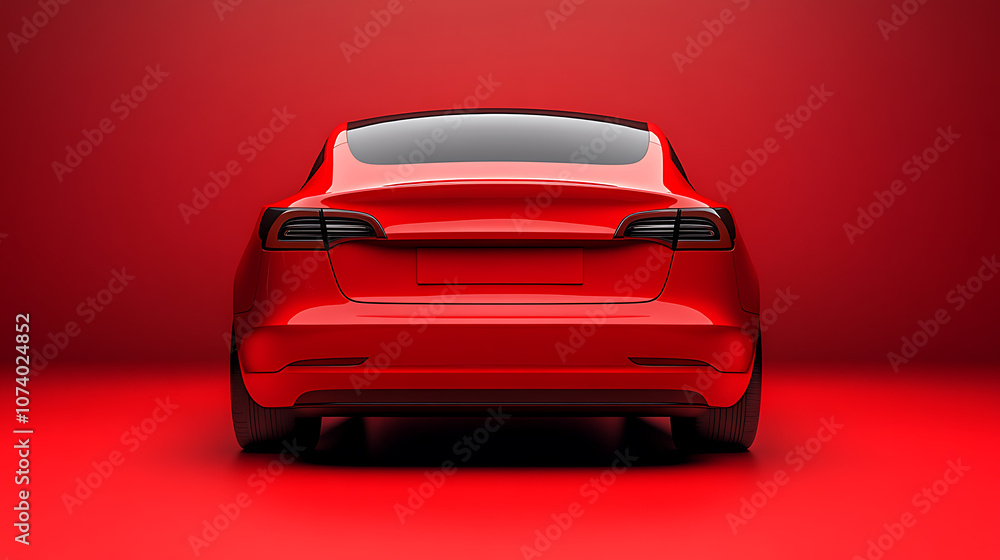 Poster back view of a generic and unbranded red car isolated on a red background
