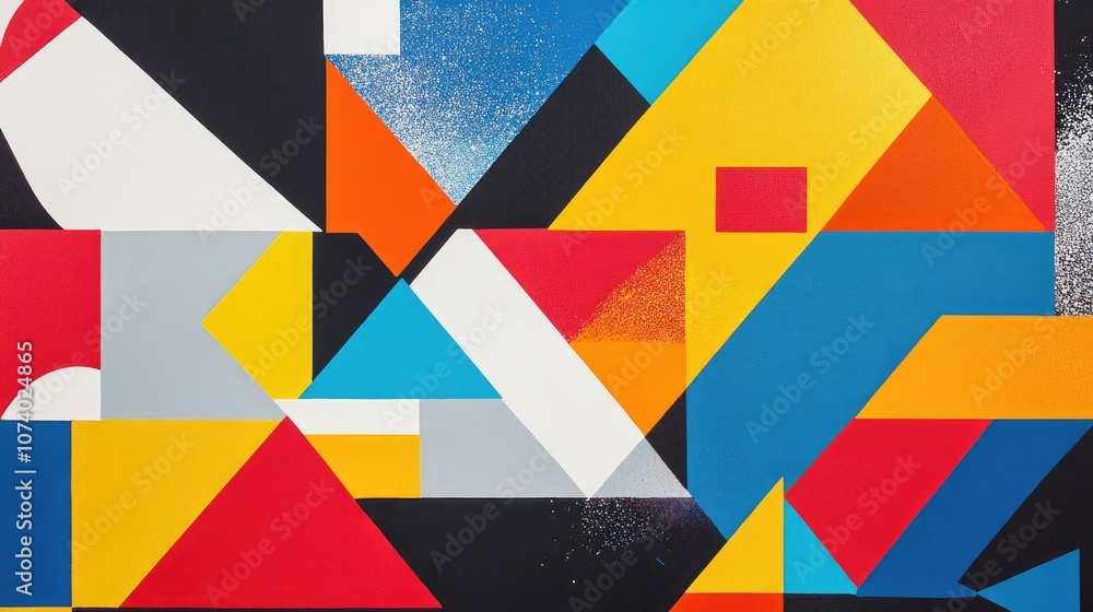Poster a vibrant geometric composition featuring triangles and squares enhanced with a risograph effect in 