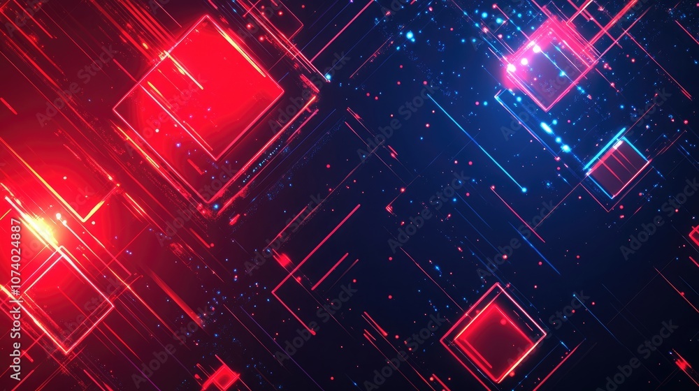 Poster abstract glowing red and blue digital background with lines and squares technology cyberspace or blo