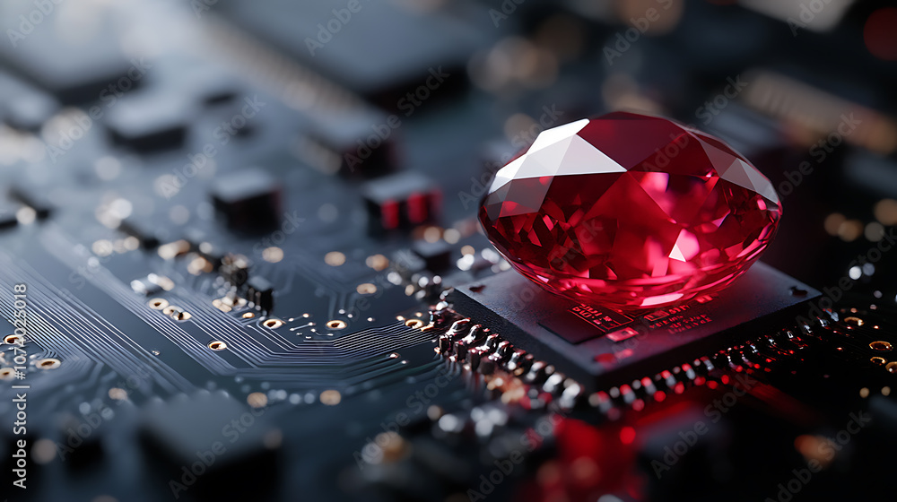 Aufkleber Ruby on Rails programming concept with a ruby stone placed on a microchip, symbolizing the integration of the Ruby programming language with technology