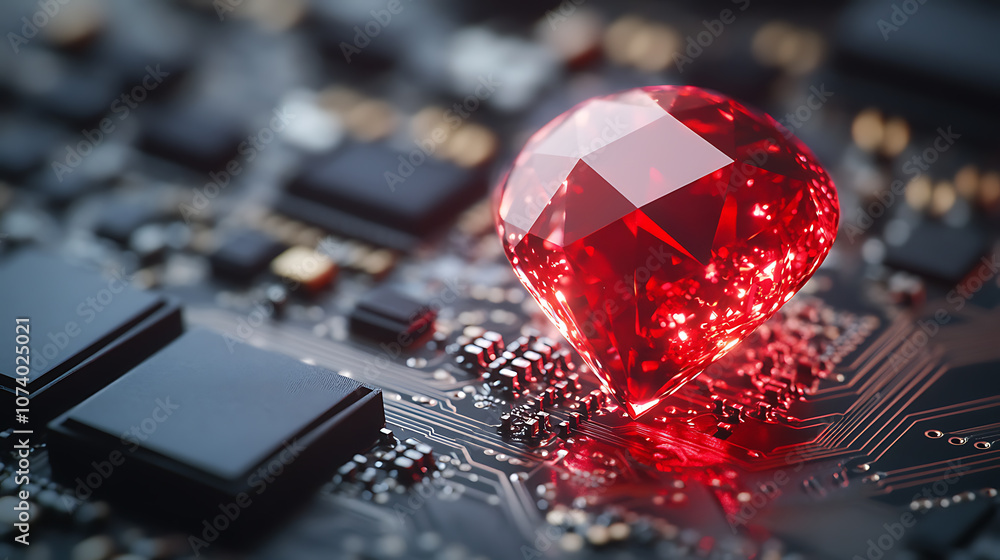Aufkleber Ruby on Rails programming concept with a ruby stone placed on a microchip, symbolizing the integration of the Ruby programming language with technology