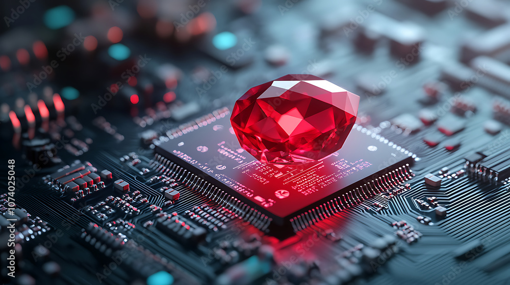 Poster Ruby on Rails programming concept with a ruby stone placed on a microchip, symbolizing the integration of the Ruby programming language with technology