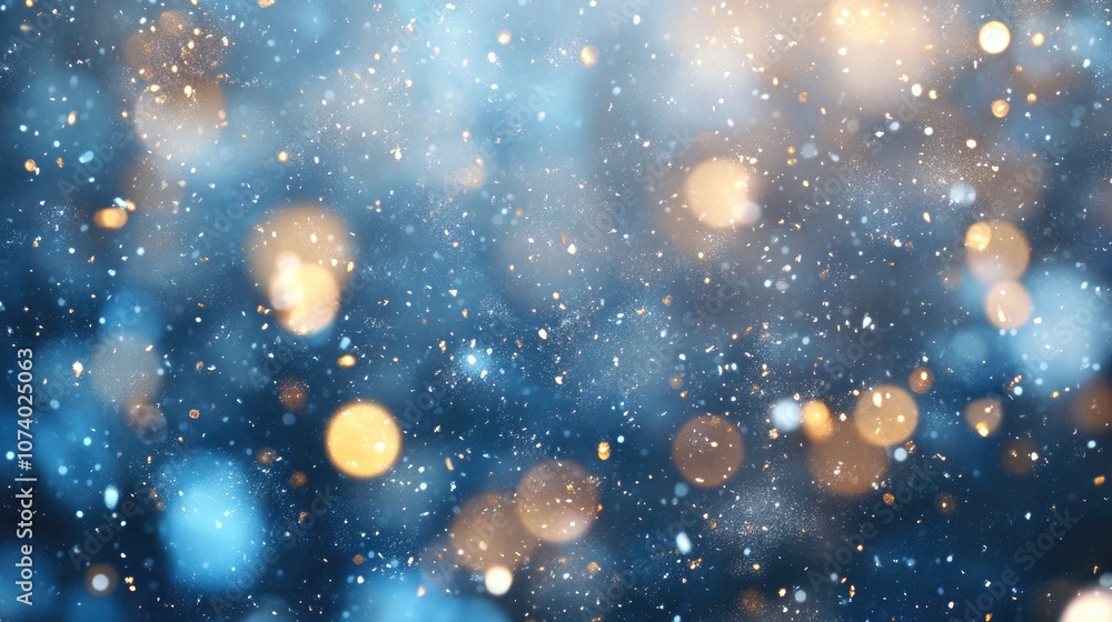 Poster snowfall texture on a soft focused background featuring silver blue and gold abstract blurred bokeh 