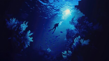 Obraz premium Night Diving In Reef Snorkel In Caribbean Sea Exploring Ocean In Darkness Surrounded By Blue Fish And Colorful Coral Sunlight Above