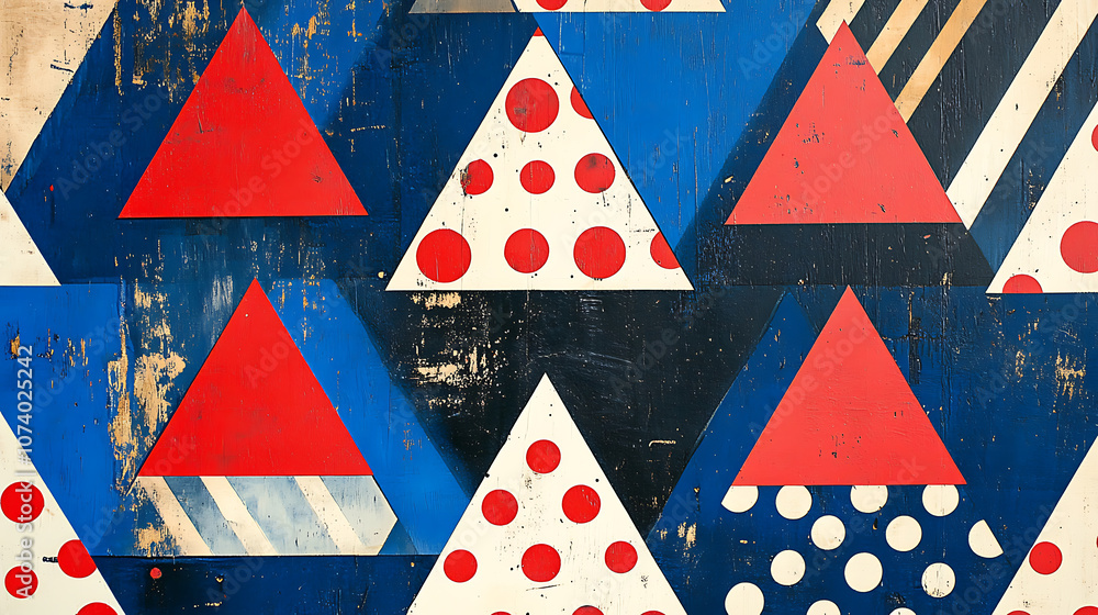 Poster blue and white pattern with red triangles, stripes and dots in a geometric style