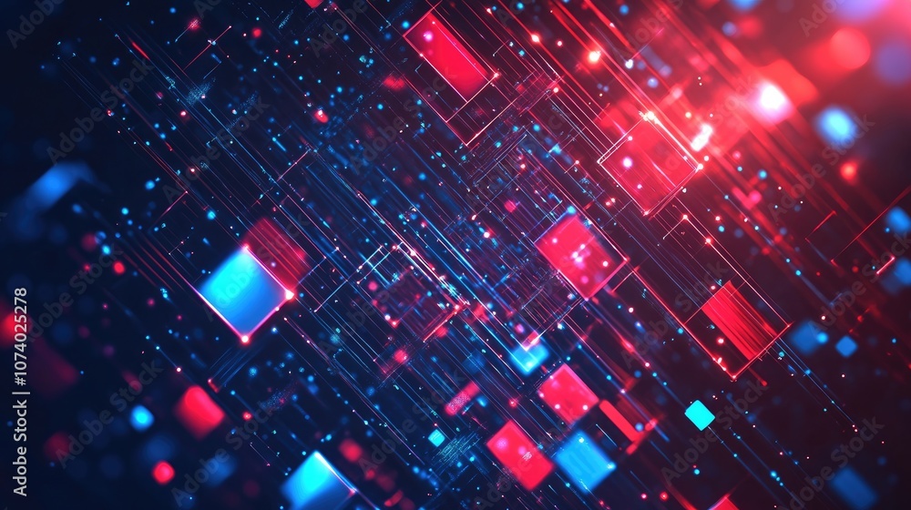 Poster abstract glowing red and blue digital background with lines and squares technology cyberspace or blo
