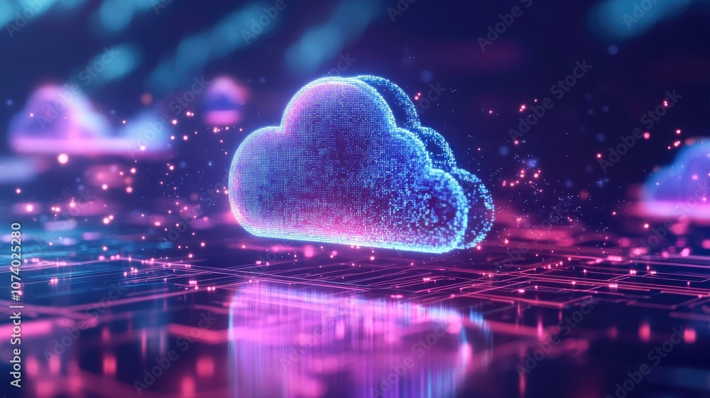 Poster hologram cloud backup with link icon in business office representing data storage technology in glob