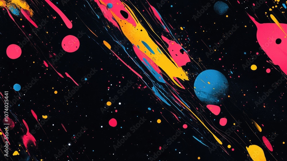 Poster abstract splatter and paint with glowing neon shapes on a black background fantasy and futuristic ba