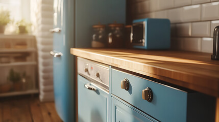 Classic kitchen interior with integrated appliances, a built-in electric oven, a wooden countertop, and a blue fridge beside the drawers