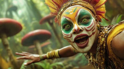 Vibrant tribal dancer in a mystical forest setting, AI