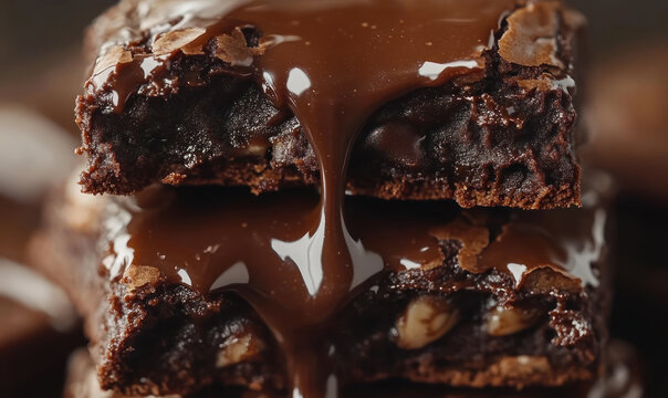 close-up of chocolate brownie with melting chocolate drizzle, rich and gooey dessert treat
