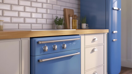 Classic kitchen interior with integrated appliances, a built-in electric oven, a wooden countertop, and a blue fridge beside the drawers