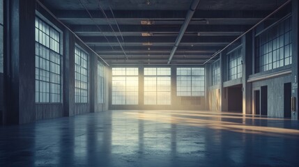 Illuminated Empty Warehouse With Concrete Floors And Windows Modern Industrial Interior Background With Copy Space 3D Render