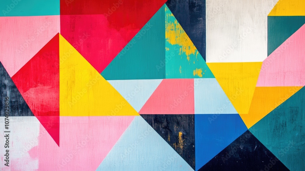 Aufkleber a vibrant geometric composition featuring triangles and squares enhanced with a risograph effect in 