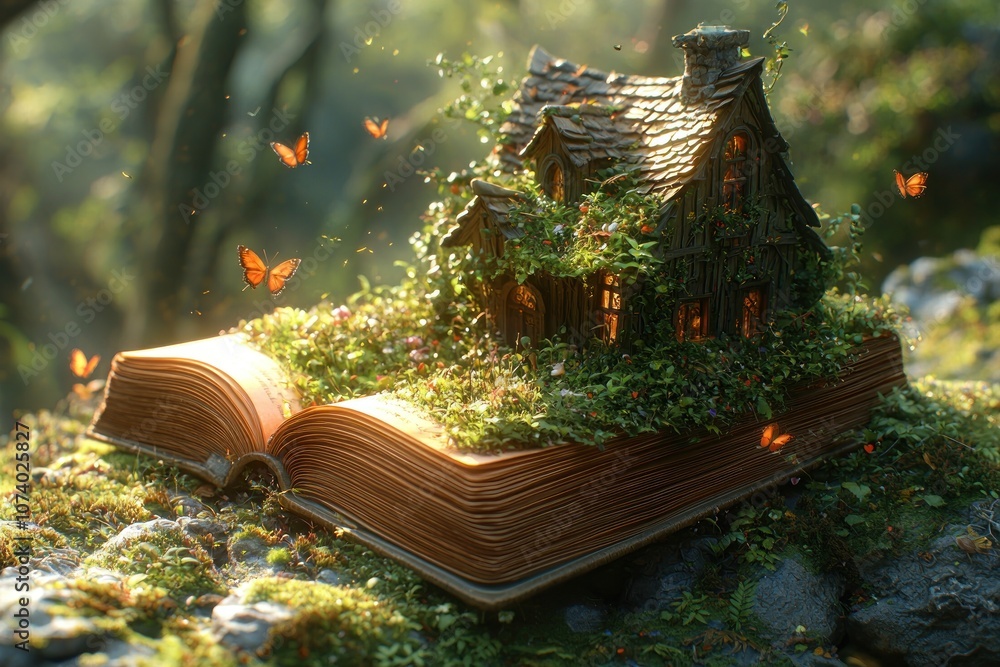 Poster a miniature cottage built on an open book in a lush forest